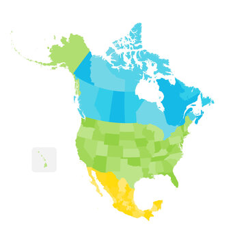 recommend clip art: Political map of North American countries Canada, United States of America and Mexico with administrative divisions. Colorful blank map. Vector illustration