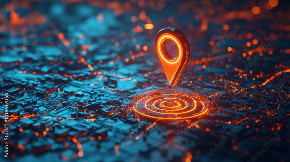 Poster a detailed 3d directional symbol and location marker, floating over a digital map, representing the 