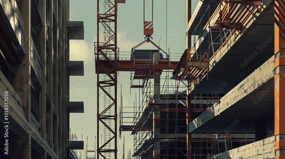 Poster construction site with cranes and scaffolding, showcasing building process and industrial architectu