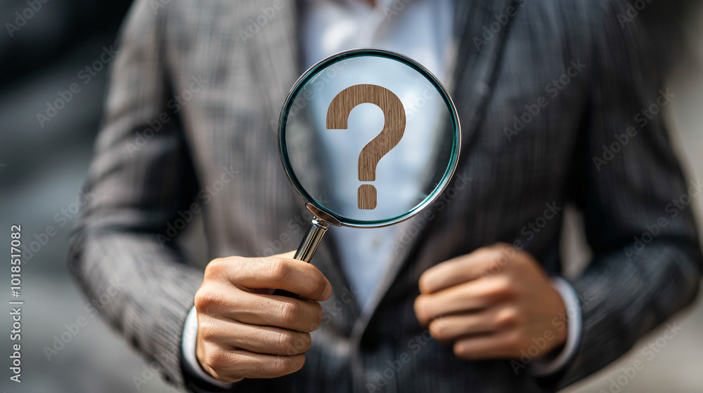 Poster person holding magnifying glass with question mark inside, symbolizing inquiry and problem solving. 