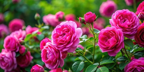 Obraz premium A vibrant display of pink roses, with their petals unfurling in the warm sunlight, showcasing the beauty of nature's delicate artistry.
