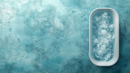 white ice bath pod on blue background, cold therapy, health benefits of ice, copy space for text on side of photo, minimalist style, top view