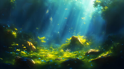 Obraz premium Sunbeams Filter Through the Trees, Illuminating a Lush Forest Floor with Delicate Flowers and Rocks