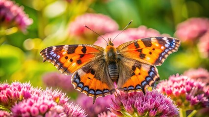 Obraz premium A Vibrant Orange and Black Butterfly Perched on Delicate Pink Flowers in a Sunlit Garden