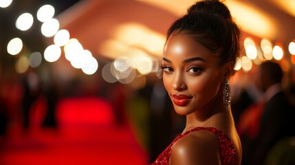 Fototapeta premium Red carpet event with celebrity posing for photo. Famous celebrity walking and posing