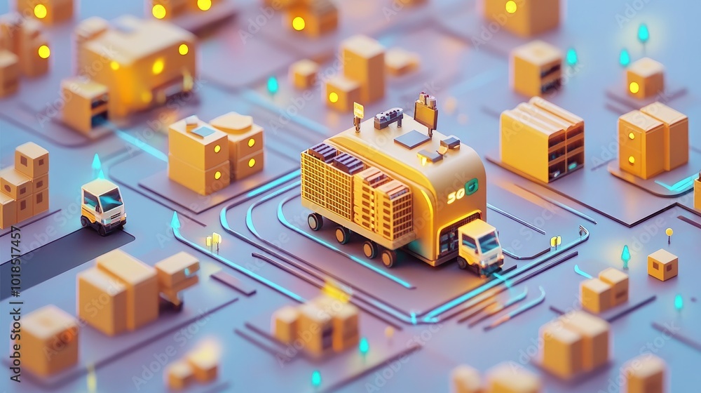 Poster 3d illustration of a smart factory with agvs autonomously moving crates, representing the seamless a