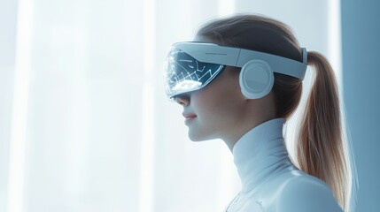 Futuristic woman with sleek white VR headset device