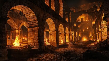 stunning ancient architecture featuring classic stone arches, with flickering flames illuminating the structures, creating a dramatic and historical ambiance
