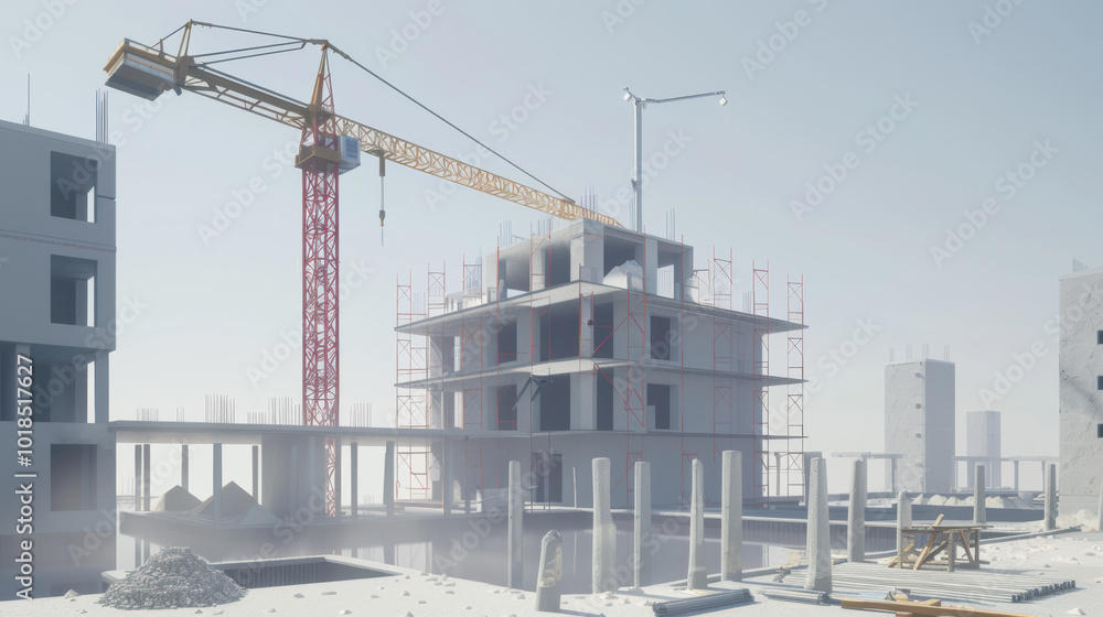 Poster construction site with crane and building framework, showcasing modern urban development. scene capt