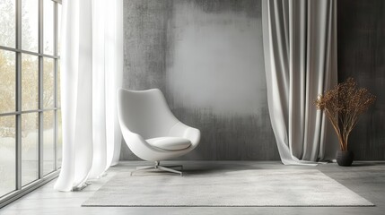 stylish living room mockup featuring a chic carpet, sleek white chair, curtains flowing gently, and a blank gray concrete wall, combining comfort with contemporary design