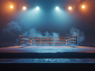 boxing ring stands ready for action surrounded by swirling smoke and bright overhead lights setting a thrilling Fight Night atmosphere in a dimly lit venue.