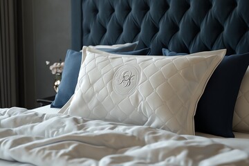 Elegant bedroom with plush bedding and embroidered pillows, offering a cozy and luxurious atmosphere for relaxation and comfort.