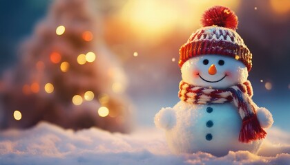 Cute snowman next to a Christmas tree wearing a hat and scarf