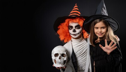 Halloween kids costume party, witch and skelleton, fun halloween party, fun trick-or-treat