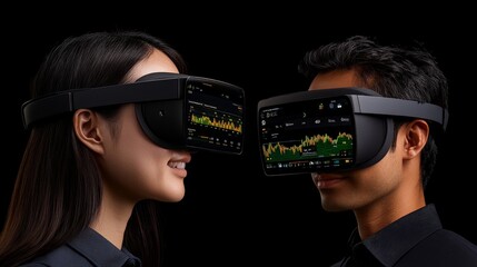 Virtual Reality Connection: A man and a woman wearing cutting-edge VR headsets engage in a virtual world, showcasing the power of immersive technology for connection and collaboration.  
