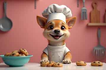 A dog in a chef outfit sits at a table with a bowl of cookies