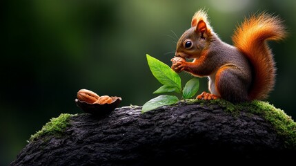 Obraz premium Squirrel Snacking on a Tree Branch: A charming squirrel with a bushy tail sits on a mossy tree branch, enjoying a delicious nut.