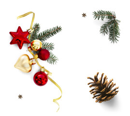 art Christmas tree branch and pine cone and Christmas decoration. Holidays design element isolated on transparent background. True neutral soft sheer shadow