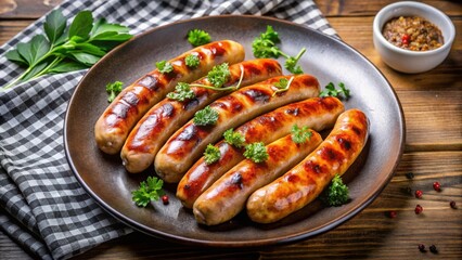 Grilled Sausages with Parsley and Peppercorns on a Brown Plate