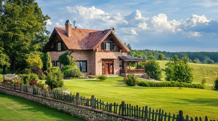 Charming country house surrounded by lush greenery and a beautiful sky, perfect for nature lovers and peaceful retreats.