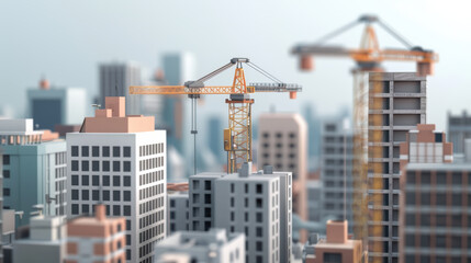 Construction cranes tower over bustling cityscape, showcasing urban development and architectural progress. scene captures essence of modern construction and city life