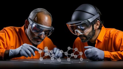 Scientific Collaboration: Two dedicated scientists meticulously examine a molecular model, engrossed in their research.  A powerful image representing innovation and discovery.