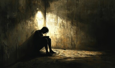 Silhouetted figure sits in dark room.