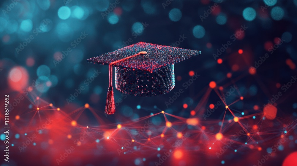 Poster a floating digital graduation cap above a web of data points, symbolizing the integration of educati