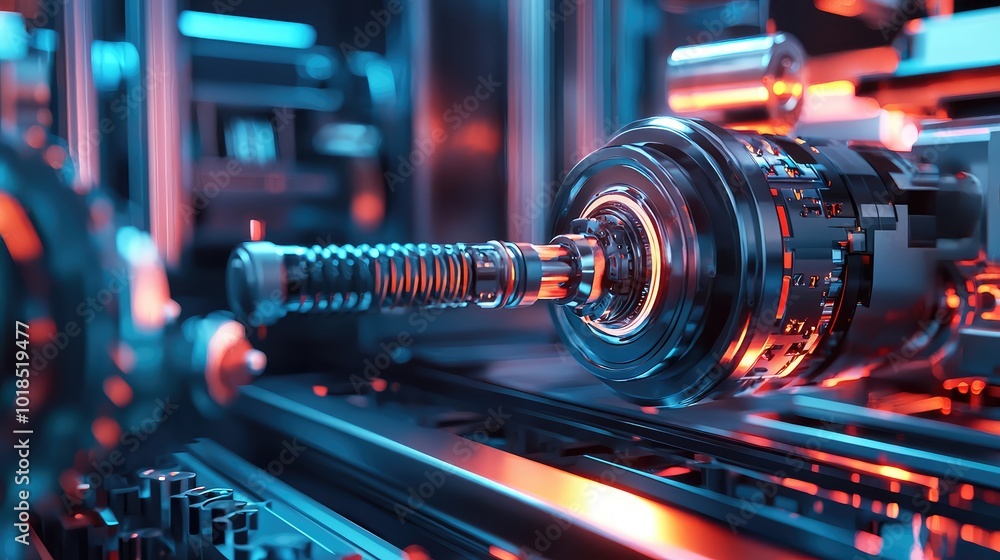 Poster close-up of a futuristic mechanical component illuminated with vibrant blue and red lights in a tech