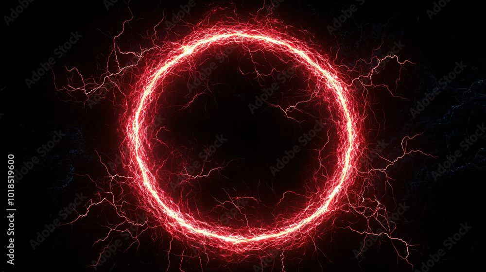 Poster vibrant red abstract circle with plasma lightning effects creates striking visual impact, evoking se