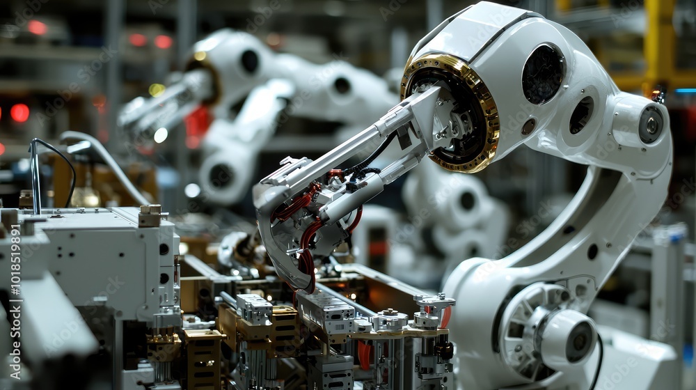 Poster close-up view of advanced robotic arm in a modern automated factory, demonstrating precision and eff