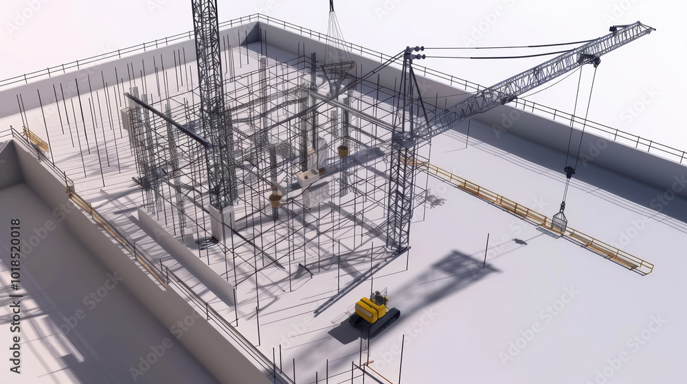 Poster construction site with crane and scaffolding, showcasing building framework. scene captures industri