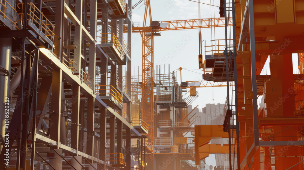Poster image showcases vibrant construction site with cranes and scaffolding, highlighting intricate detail