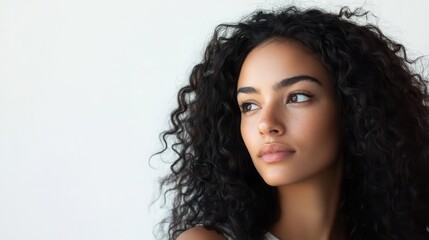 young brazilian woman with curly hair gazing thoughtfully sideways, soft natural lighting, minimalist white background enhancing her features and expression.