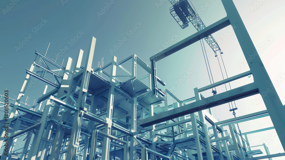 Poster image showcases modern construction site with steel framework and crane, highlighting intricate desi