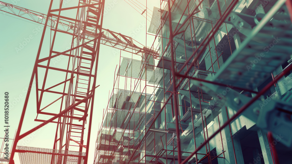 Poster construction site featuring scaffolding and cranes, showcasing building process and industrial archi