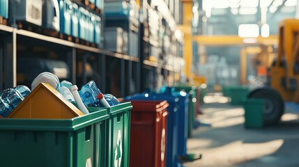 Obraz premium Colorful recycling bins filled with waste stand in a modern warehouse setting, promoting environmental sustainability and proper waste management.