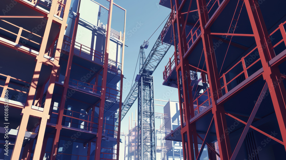 Poster construction site with cranes and scaffolding, showcasing modern architecture and industrial design.