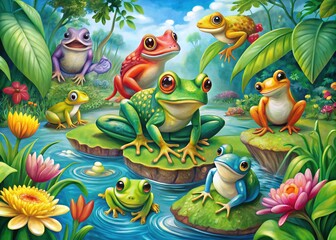 A whimsical illustration of various colorful frogs in different poses and sizes, surrounded by lush greenery, flowers, and water elements, perfect for children's books.