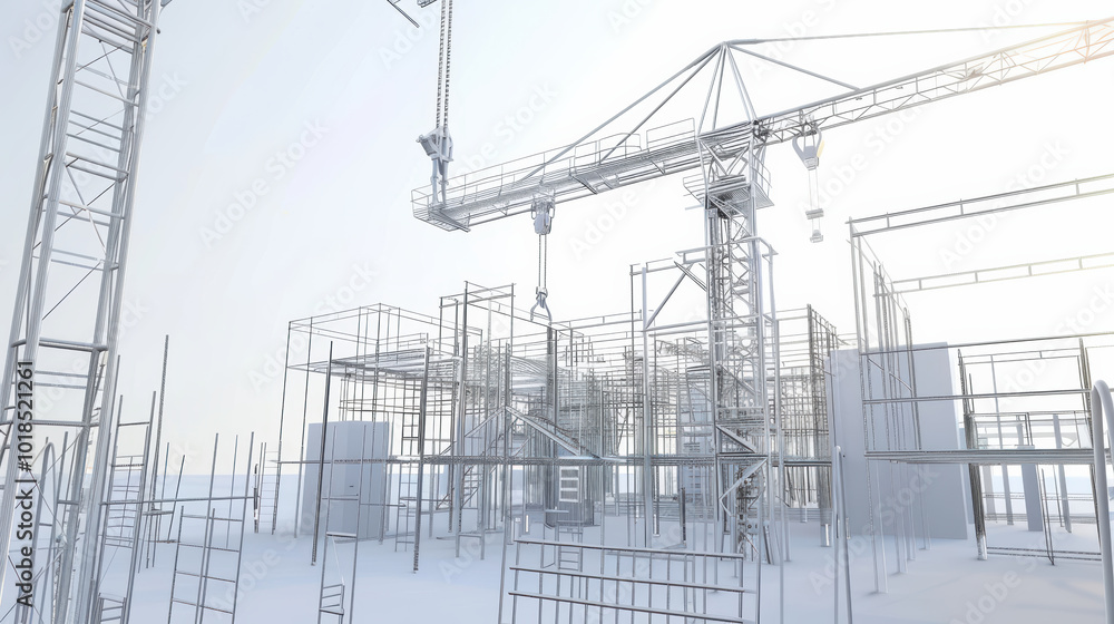 Poster image showcases construction site with cranes and scaffolding, highlighting intricate framework of b