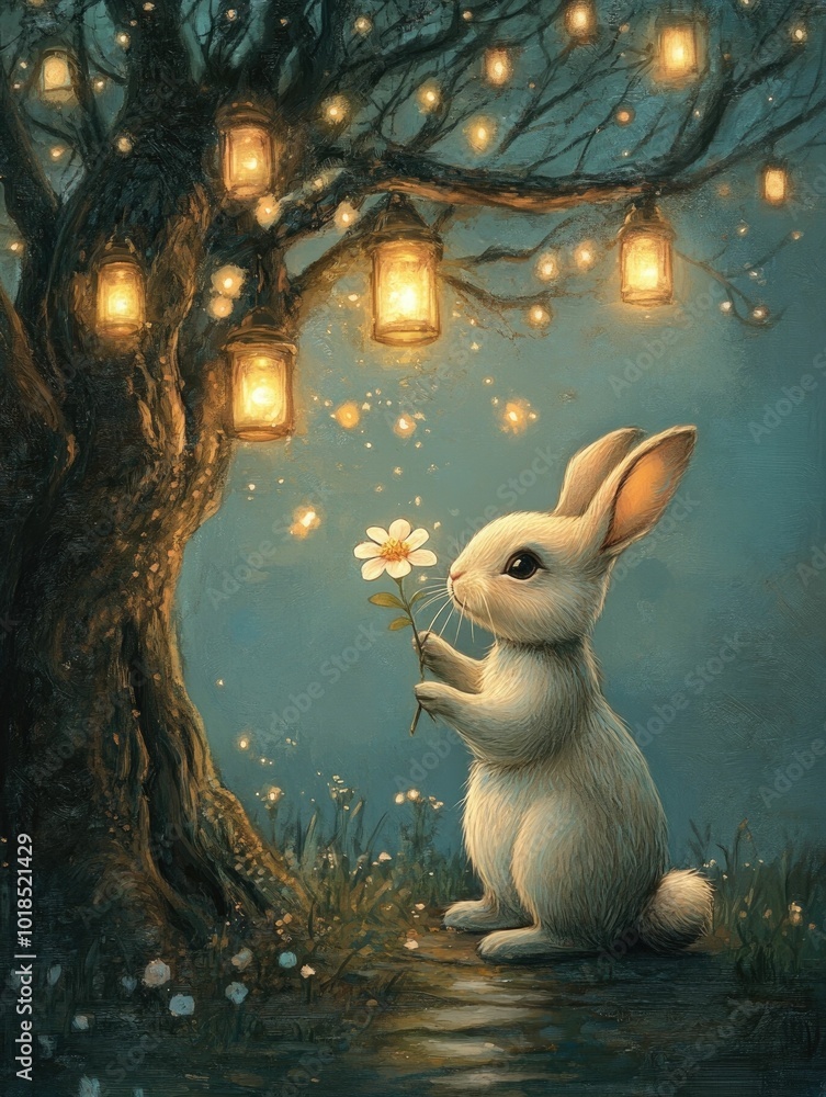 Poster whimsical and enchanting scene of a rabbit holding a delicate flower standing beside a tree illumina