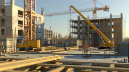 Naklejka premium Construction site with cranes, scaffolding, and building materials, showcasing busy urban development environment. scene captures essence of modern architecture and engineering