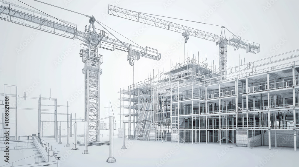 Poster detailed architectural blueprint of construction site featuring cranes and scaffolding, showcasing i