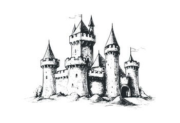 Obraz premium Traditional cooking pot with fire and herbs nearby. Vector retro hand drawn illustration.