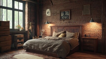 Cozy bedroom with brick walls, warm lighting, and an inviting bed, creating a perfect relaxing atmosphere for rest.