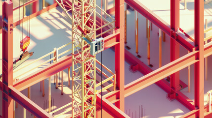 Construction site with crane and steel framework, showcasing intricate details of modern architecture and engineering. vibrant colors highlight structures design and functionality