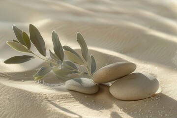 Fototapeta premium zen-inspired arrangement of sage sprig and smooth pebbles on fine sand, soft shadows, muted earth tones