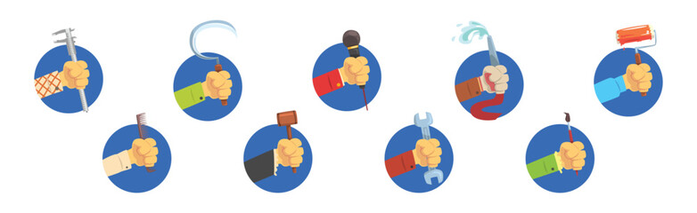 Male Hand Holding Tools and Symbols of Different Profession Vector Set