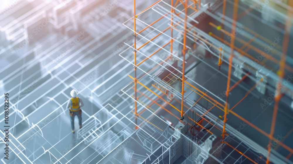 Poster construction worker stands amidst digital blueprint of building, surrounded by scaffolding and struc