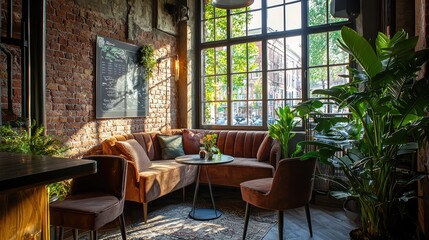Fototapeta premium Cozy interior of a cafe featuring an inviting seating area, large windows, and vibrant greenery for a relaxed atmosphere.